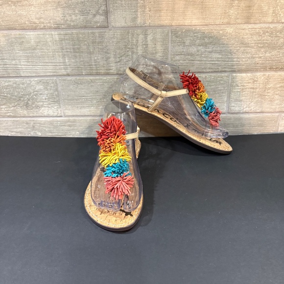 Sam Edelman Gates Leather Tan Rainbow Suede‎ Fringe T-Strap Sandals Womens 6.5M - Picture 2 of 8